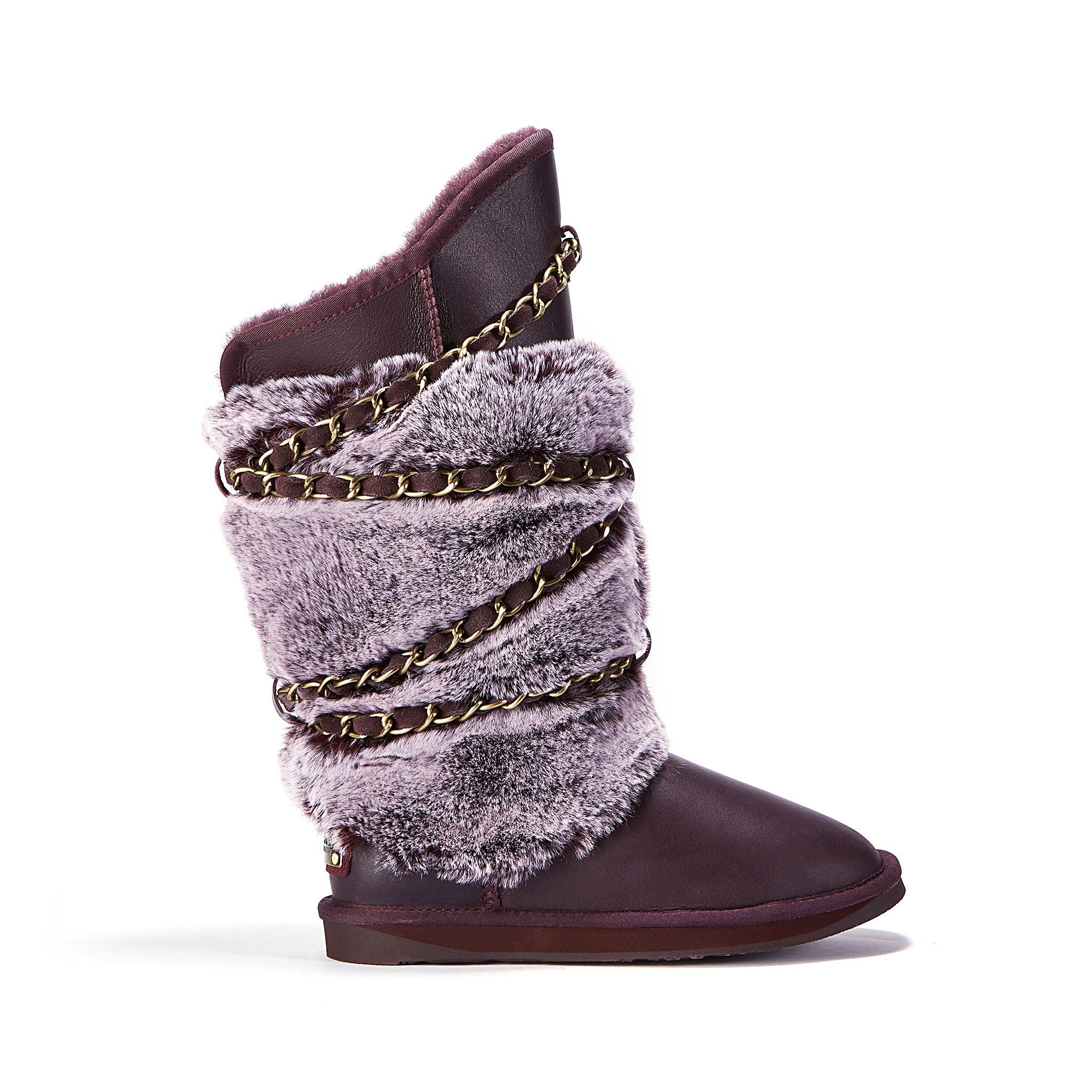 Below knee height sheepskin lined ugg style boot with a 